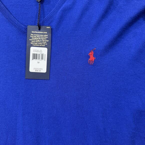 Polo Ralph Lauren V Neck Sweater Mens Medium Blue 100% Pima Cotton Exclusive - Picture 8 of 11